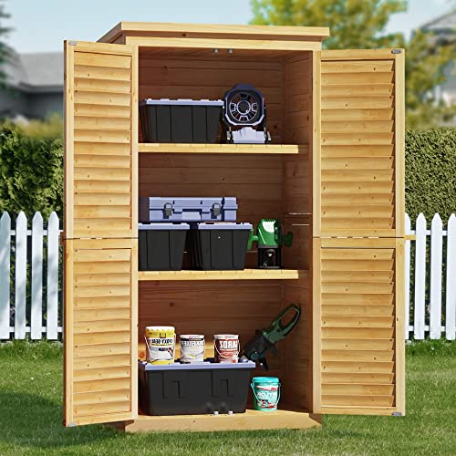 Bealife 63.2" Outdoor Storage Cabinet with Double Doors, Lockable Vertical Storage Shed with 3 Shelves Organizer, Waterproof Fir Wood Tool Closet Shed for Garden, Backyard, Patio, and Lawn -Natural
