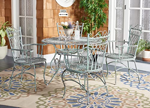 SAFAVIEH Outdoor - Thessaly 5-Piece Bistro Dining Set - Antique Dark Green Iron Metal - Vintage Victorian Scrollwork - Ideal for Patio, Deck, Porch, Garden (PAT5003D)