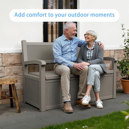 Pepe Tee 80 Gallon Outdoor Storage Bench, Resin Deck Box with Backrest and Armrests, All-Weather Seating, Coffee