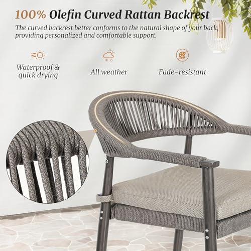 Cozyman Bar Stools Set of 4, 24.8'' Aluminum Outdoor Bar Stool with Removable Cushion, Boho Rattan BarStools, Olefin Rope Woven Bar Chairs with Footrest for Patio, Garden, Pool, Kitchen, Gray