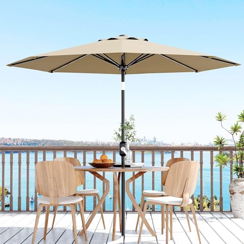 Garvee 9 ft Patio Umbrella - 8 Sturdy Ribs Outdoor Table Umbrella with Crank Lift & Push Button Tilt - Market Umbrella for Pool, Deck, Yard, Garden - Tan