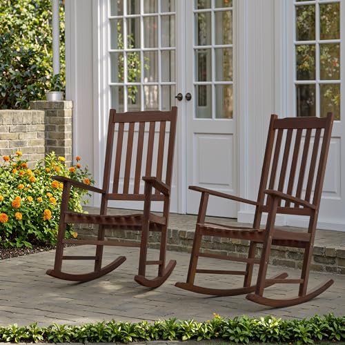 Flamaker Acacia Wood Patio Rocking Chair Set of 2, High Back and Widen Armrest for Adults, Solid Wood Porch Rocking Chair for Lawn, Garden, Backyard (Brown)