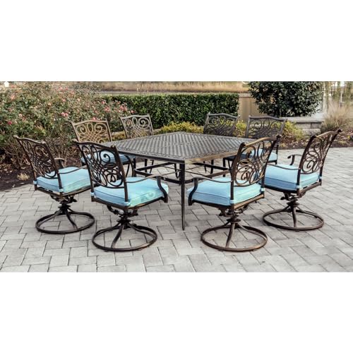 Hanover Traditions 9-Piece Rust Resistant Aluminum Outdoor Patio Dining Set with Blue Cushions, Swivel Rockers and Aluminum Square Dining Table, Outdoor Dining Set For 8