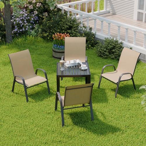 Redpick Patio Chairs Set of 4, Outdoor Dining Chairs Stackable for All Weather, Breathable Metal Modern Outside Furniture Chair for Pool Side, Garden, Backyard Deck, Brown