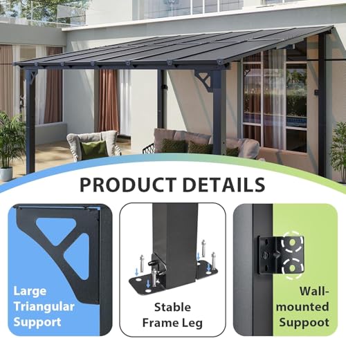 Aoxun 12'x 10' Premium Gazebo with Aluminum Top Frame & Polycarbonate Panel, Wall Mounted Gazebos Pergola, Outdoor Patio Lean to Gazebo, Awnings with Sloped Roof, for Backyard, Porch, Deck