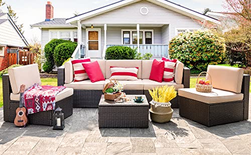 Vongrasig 6 Pieces Patio Furniture Set, Outdoor Sectional Patio Sofa Couch, PE Wicker Rattan Patio Set with Coffee Table for Garden, Backyard, Poolside (Beige)