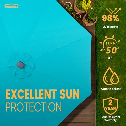 Tempera 9ft Patio LED Umbrella with light | Solar Outdoor Umbrella | Market Table Parasol with Push Button Tilt and Crank, with Sturdy Pole&Fade resistant canopy,Easy to set