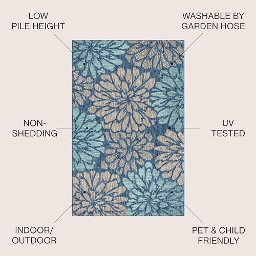 JONATHAN Y Floral Textured Weave Indoor Outdoor Area Rug 8X10 Navy/Aqua, Zinnia Modern for Backyard, Patio, Porch, Easy-Cleaning, High Traffic, Pet-Friendly, Non-Shedding (SMB110C-8)