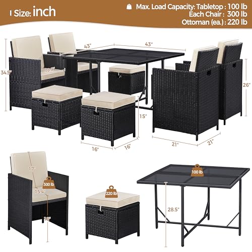 Yaheetech 9-Piece Patio Dining Sets, Outdoor Space Saving Rattan Chairs with Glass Table, Wicker Sectional Conversation Furniture Set with Removeable Cushions, Black/Beige