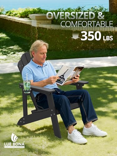 LUE BONA HDPE Adirondack Chairs Set of 4 - Weather Resistant Seating with Cup Holder for Patio, Fire Pit, Deck & Resort Garden, Black