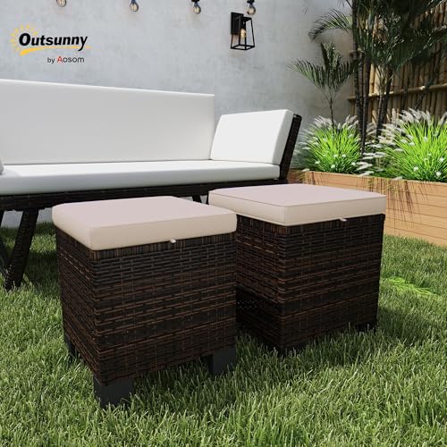 Outsunny 2 Pieces Outdoor Patio Ottomans, All Weather Wicker Footstools with Removable Cushions, 3-in-1 PE Rattan Ottoman Seat, Footrest and Side Table for Backyard, Poolside, Cream White