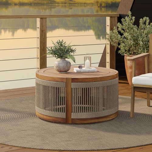 LuxenHome Outdoor Coffee Table, 31'' Acacia Wood Rope Drum Round Sides Patio Tables, Modern Farmhouse Garden Coffee Table, Outdoor Furniture for Porch, Balcony, Outside Furniture