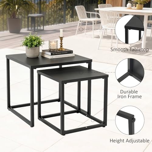 Meluvici Patio Outdoor Coffee Table Set of 2, Weather Resistant Steel Square End Tables, Outdoor Nesting Tables for Patio, Balcony, Bistro and Indoor, Black (Black)