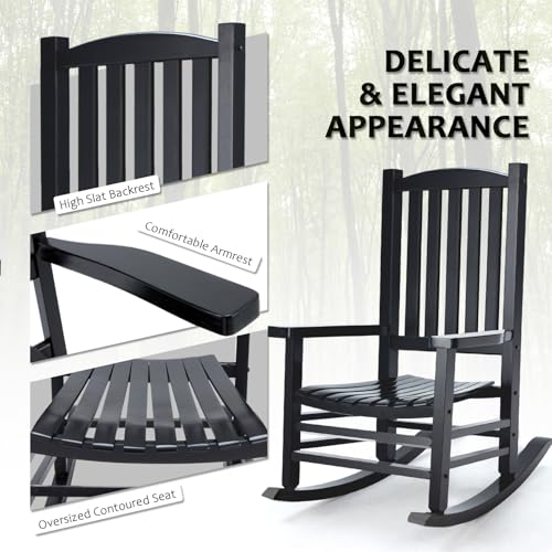 Hupmad Wooden Rocking Chair Outdoor Oversized Porch Rocker Chair,Patio Wooden Rocker with High Back and Armrest,All Weather Rocker Slatted for Backyard,Garden,400 lbs Support,Black