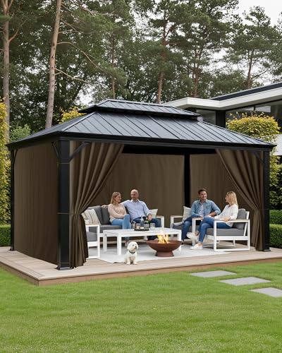 RichSets Gazebo Curtains Outdoor Waterproof - 10'Wx12'Lx7'H Gazebo Universal Replacement Privacy Curtains, 4 Panels Sidewall Drapes with Zipper for Patio Pergola Garden Backyard, Brown