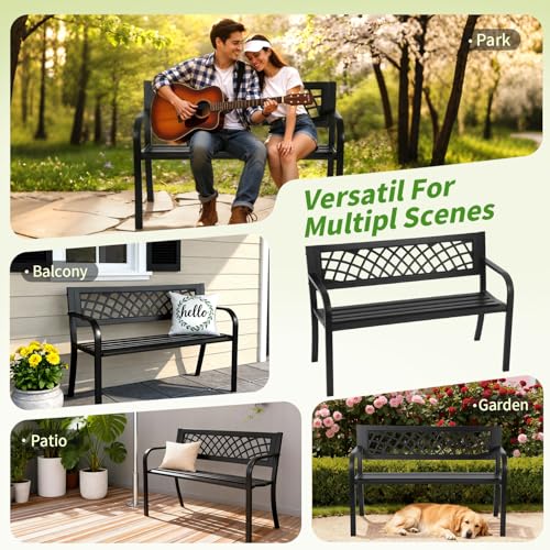 Garden Bench,Outdoor Benches,Iron Steel Frame Patio Bench with Mesh Pattern and Plastic Backrest Armrests for Lawn Yard Porch Work Entryway,Black