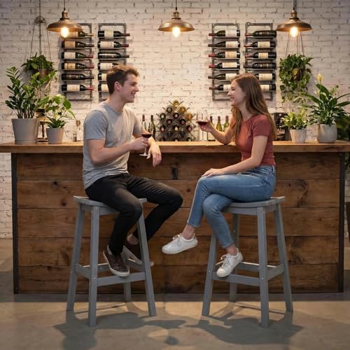 AMILY HDPE Bar Stool Set of 2, Outdoor Bar Height 29‘’, Heavy Duty All-Weather Patio Stool for Poolside, Backyard, Balcony, Easy Assembly (Grey)