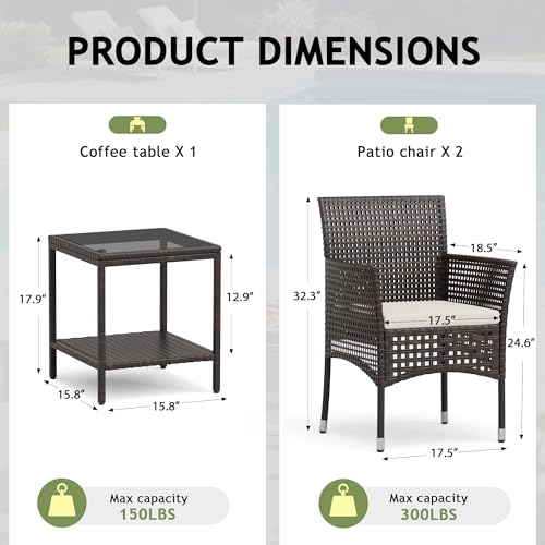 Devoko Outdoor 3 Piece Patio Furniture Set Wicker Chairs with Glass-top Coffee Table for Garden, Balcony, and Porch (Brown)