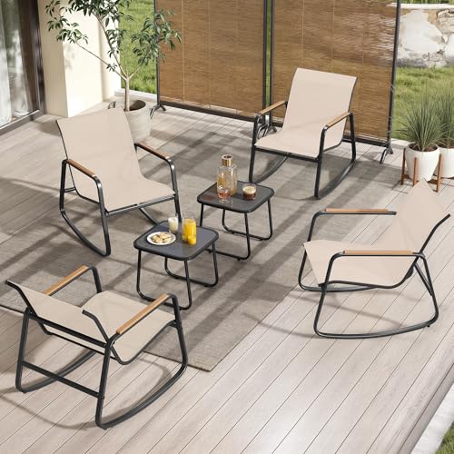 DWVO Patio Rocking Bistro Set, 3 Piece Durable Textilene Outdoor Furniture Set, Wooden Armrest Rocker Chairs & Glass Table for Garden, Balcony & Poolside, Beige