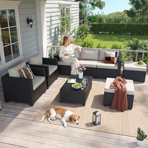 Aoxun 8 Piece Outdoor Patio Furniture Set 7 Seats, Outdoor Sectional with Thick Waterproof Cushions, Patio Conversation Sets for Garden,Backyard, Porch, Balcony, Deck, Black & Beige