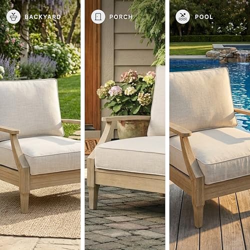 Signature Design by Ashley Clare View Outdoor Lounge Chair, All-weather Foam Cushion, Protective Finish, Eucalyptus Wood , 30" W x 35" D x 32" H, Beige