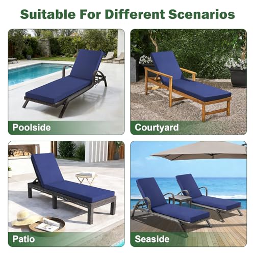 Aegisun Chaise Lounge Cushions Outdoor, 72x 21x 3 Inch Waterproof & Fade-Resistant Lounge Chair Cushion, Outdoor Chaise Cushion with Removable Cover & Ties for Lawn, Patio, Pool & Beach, Navy Blue