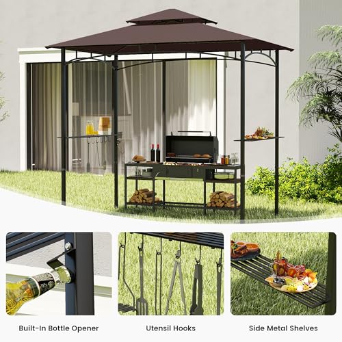 Murago 8x5 Grill Gazebo, BBQ Gazebo for Outdoor Grill, All Weather BBQ Canopy with 2 Shelves and Utensil Organizer, Steel Frame with Bottle Opener for Patio, Backyard, Grilling, Brown