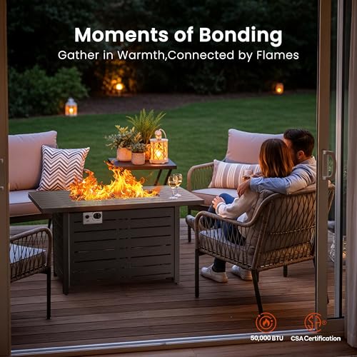 R.W.Flame 43-Inch Propane Fire Pit Table, 50,000 BTU Outdoor Gas Firepit with Waterproof Cover, Glass Stones, Removable Lid, Cup Holders, 2-in-1 Fire Table for Patio, Backyard, Garden, Black