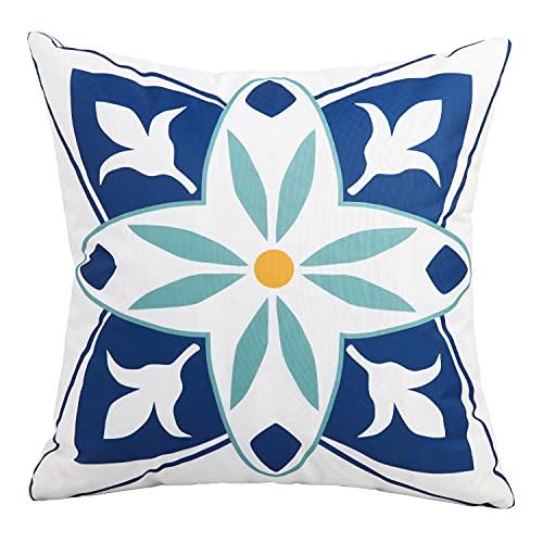 Pyonic Outdoor Waterproof Throw Pillow Covers Set of 4 Floral Printed and Boho Farmhouse Summer Outdoor Pillow Covers for Patio Funiture Garden 18x18 Inch Blue