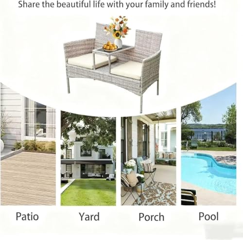 2-Seat Gray Wicker Outdoor Loveseat with Glass Coffee Table & cushions