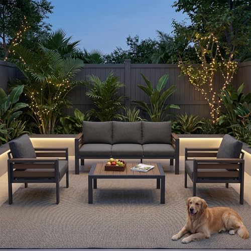 SUNYRISY Aluminum Outdoor Patio Furniture Set with Coffee Table, 4 Piece Outdoor Conversation Sets with Thick Cushions, Oversized Sectional Sofa Couch Set for Porch, Deck, Yard, Pool