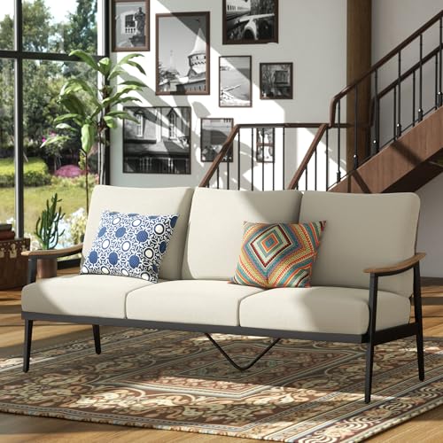NATURAL EXPRESSIONS Patio Sofa Outdoor Furniture Metal Chair with Wicker Backrest & 6 Inches Cushion for Indoor, Front Porch, Deck, Balcony, Backyard, Sunroom, 73.35"(L) x 29.75"(W) x 33.86"(H).
