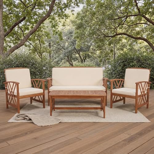 SAFAVIEH Outdoor Collection Fontana Natural/ Beige 4-Piece Conversation Patio Set with Cushions