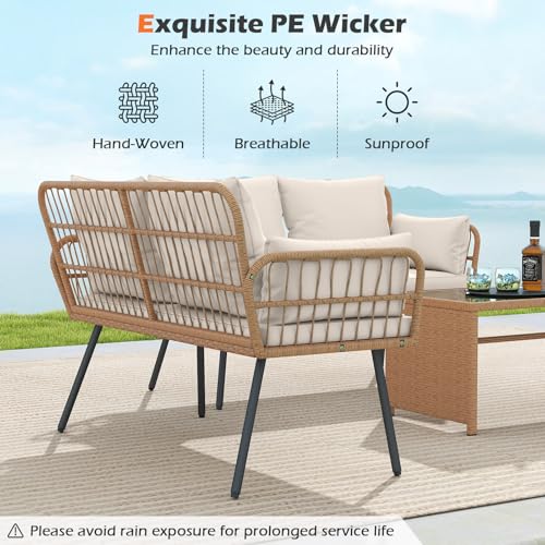 Tangkula Patio Wicker Loveseat, Outdoor 2-Seater PE Rattan Sofa with Pillows, Cushions, Metal Frame & Adjustable Foot Pads, 800 lbs Outside Couch for Porch, Backyard & Poolside (Off White, 50.5" L)