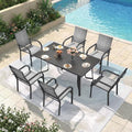 DSNAPE 7 Pieces Patio Table and Chairs Set, 63" Metal Dining Table with Umbrella Hole & 6 Textilene Fixed Chairs, Dining Table Set for 6, Outdoor Furniture for Porch Deck Backyard Balcony, Grey