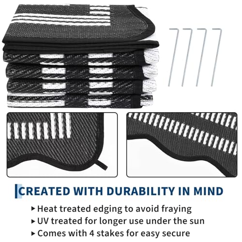 Garvee Waterproof Outdoor Rug 9x12, Scalloped Geometric Foldable Plastic Straw Patio Camping Rug, Outdoor RV Carpet for Deck Camper Porch Balcony Backyard Picnic Beach Black and White