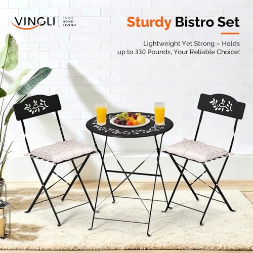 VINGLI Outdoor Folding Bistro Table and Chairs Set of 2, 3-Piece Bistro Set with Olive Leaf Cutout Design and Comfortable Cushions for Patio, Balcony, Garden, Porch, Yard, Black