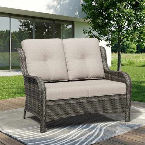 Gardenbee Wicker Patio Loveseat, 2 Seat Outdoor Couch with Thickened Olefin Cushions, High Back and Deep Seating, Hand-Woven PE Rattan for Porch, Deck, Balcony