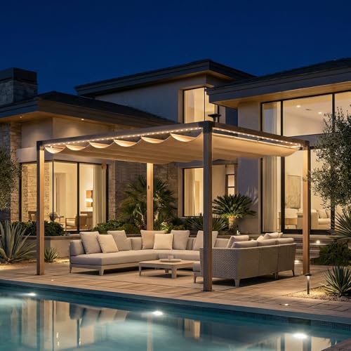 10'x12' Outdoor Pergola with Solar LED Lights,Waterproof & UPF 50+ UV-Resistant Retractable Sun Shade Canopy, Wood-Grain Aluminum Frame for Backyard, Garden, Deck, Poolside