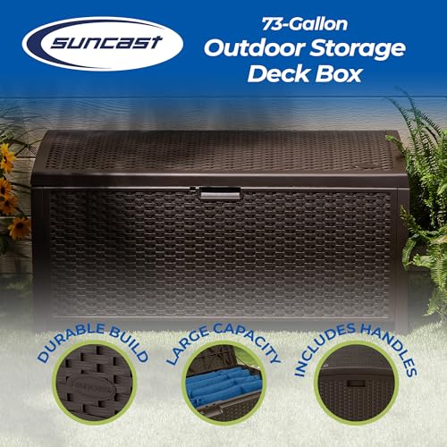 Suncast Outdoor Storage Box - 73 Gallon Mocha Brown Deck Box for Patio, weather-resistant Outdoor Storage Bench, Resin Wicker Style, Heavy-Duty, Lockable Lid for Cushions, Shoes, Pool & Garden Gear