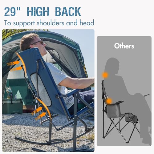 Portal Oversized Folding Rocking Camping Chair Portable Outdoor Rocker with High Back Hard Armrests Carry Bag, Supports 400 lbs, Mesh Back, Blue
