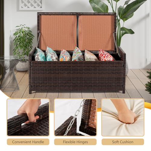 PROHIKER 2-in-1 Wicker Deck Box Bench, All-Weather 55 Gallon Outdoor Storage Box with Cushions and Waterproof Bag, Rattan Storage Bench for Pool Tools, Outdoor Equipments and Garden Tools, Brown/Beige