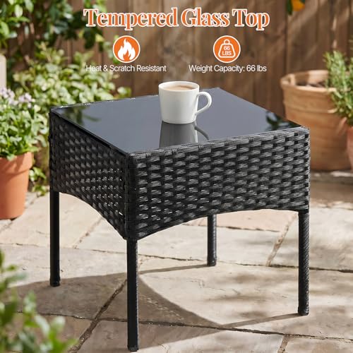 Sweetcrispy 3 Piece Patio Furniture Set, All-Weather Outdoor Wicker Bistro Set with Removable Cushions & Tempered Glass Table, Small Conversation Seating for Porch, Balcony, Deck, Backyard, Black