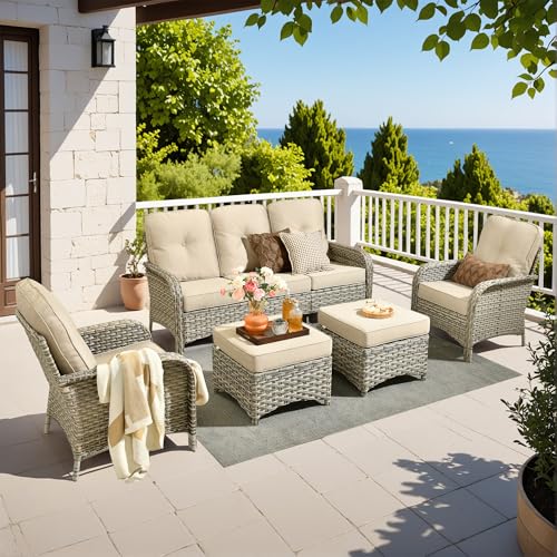 POUUIN 5-Piece Outdoor Patio Furniture Set,All Weather Wicker Rattan Patio Seating Sofa and Chair Set with Ottomans,Outdoor Conversation Sets with 3 Seater Couch for Porch Deck Yard,Beige
