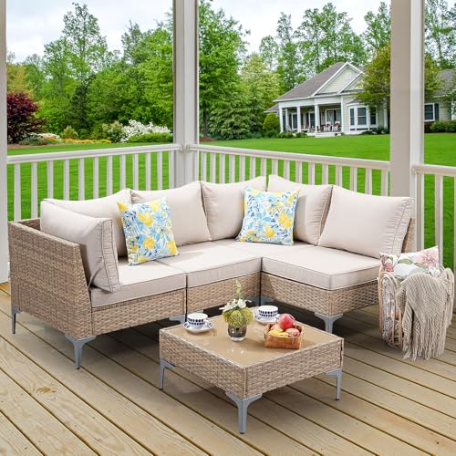 SunloungeCo 5-Piece Patio Furniture Set, Outdoor Wicker Sectional Sofa with Coffee Table, Anti-Slip & Thick All-Weather Cushions for Party, Garden, Backyard, Beige
