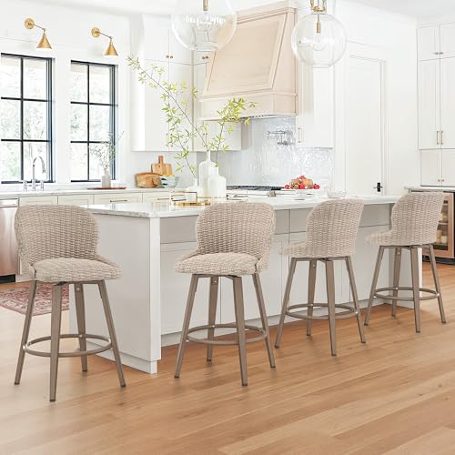 Cozyman Swivel Outdoor Bar Stools Set of 4, 27" Counter Wicker Patio Chair - Waterproof & All-Weather, Boho Coastal Bar Stools with Backrest for Porch,Kitchen Island,Patio,Pool,Apricot