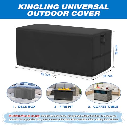 Kingling Deck Box Cover, Outdoor Storage Box Cover for Keter 165 Gallon Deck Box, Waterproof Outside Storage Bench Deck Boxes Covers Black (62" L x 30" W x 28" H inch)
