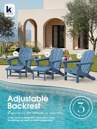 KINGYES Adjustable Folding Adirondack Chair with Footrest & 4-in-1 Multi-Functional Armrest Organizer, HDPE Foldable Recliner Adirondack Chair with Pull-Out Ottoman, Blue