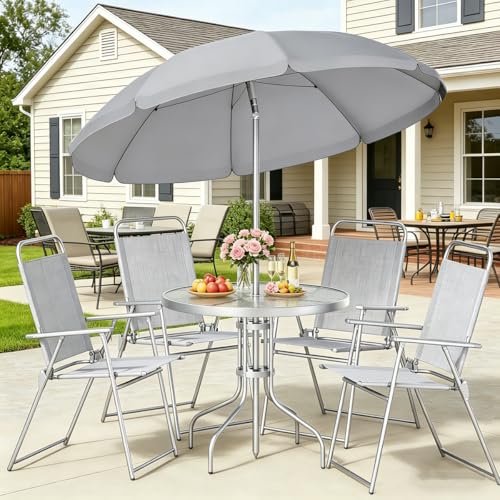 Shintenchi 6 Piece Outdoor Patio Furniture Set, Small Outdoor Patio Dining Table and Chairs Set, Outdoor Seating with Umbrella for Backyard, Balcony, Front Porch, Ice Silver