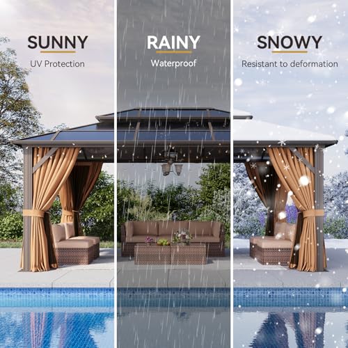 Aoxun 12'x16' Hardtop Gazebo, Outdoor Metal Gazebo with Double Polycarbonate Roof Canopy, Permanent Pavilion with Netting and Curtains for Lawn, Garden, Patio (Brown)